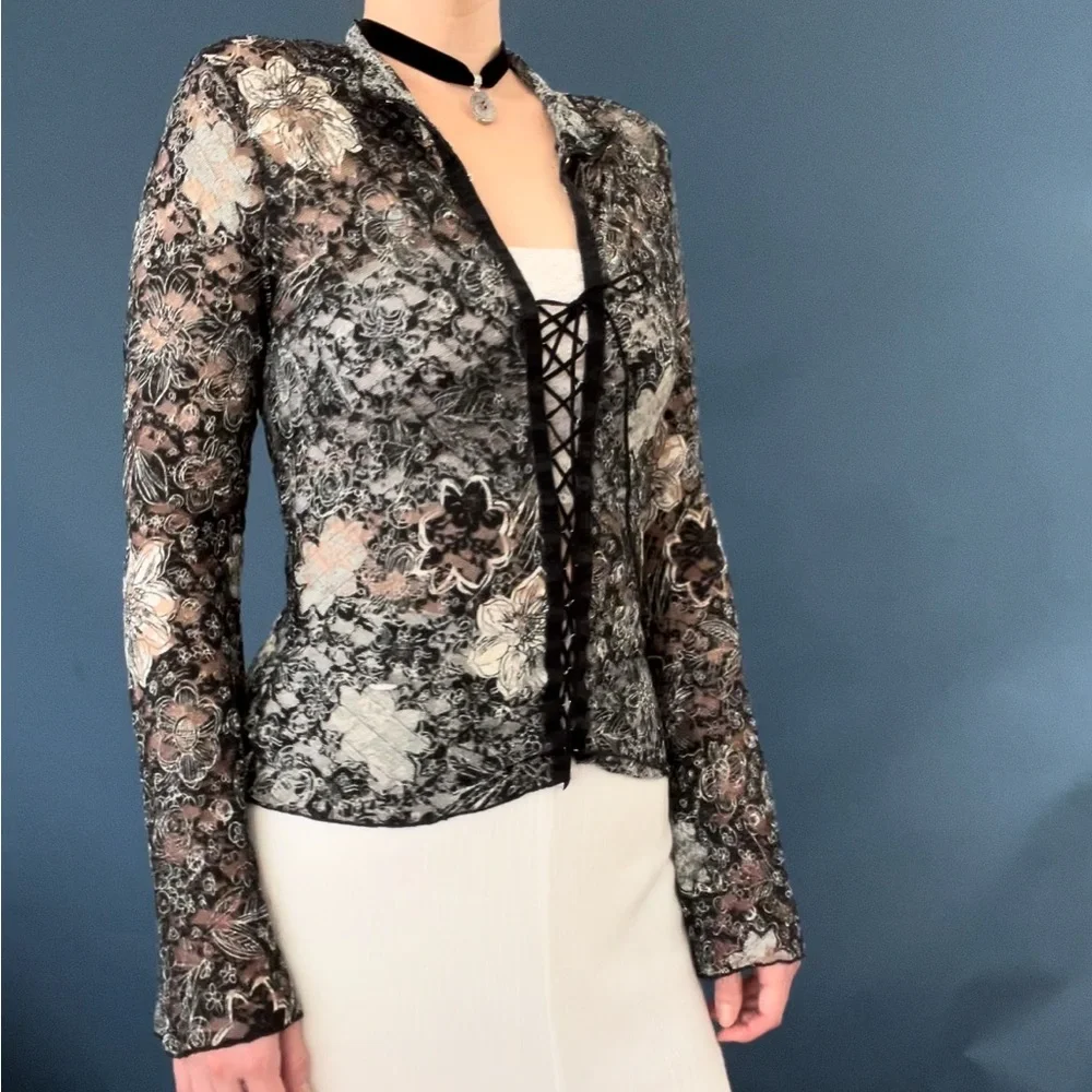 Vintage Charlotte Russe lace up floral lace bell sleeve top - Picture 3 of 14